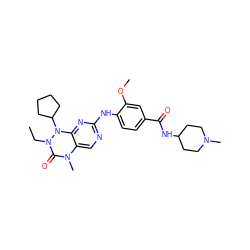 CCN1C(=O)N(C)c2cnc(Nc3ccc(C(=O)NC4CCN(C)CC4)cc3OC)nc2N1C1CCCC1 ZINC000043194671