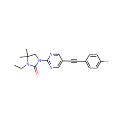 CCN1C(=O)N(c2ncc(C#Cc3ccc(F)cc3)cn2)CC1(C)C ZINC000144966322