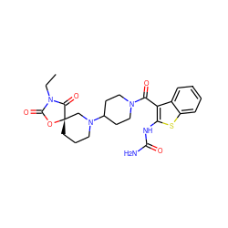 CCN1C(=O)O[C@]2(CCCN(C3CCN(C(=O)c4c(NC(N)=O)sc5ccccc45)CC3)C2)C1=O ZINC000034946618