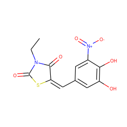 CCN1C(=O)S/C(=C/c2cc(O)c(O)c([N+](=O)[O-])c2)C1=O ZINC000653876686