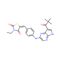 CCN1C(=O)S/C(=C/c2ccc(Nc3cnc4[nH]cc(C(=O)C(C)(C)C)c4n3)cc2)C1=O ZINC000148962891