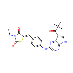 CCN1C(=O)S/C(=C\c2ccc(Nc3cnc4[nH]cc(C(=O)C(C)(C)C)c4n3)cc2)C1=O ZINC000148963101