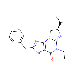 CCN1C(=O)c2[nH]c(Cc3ccccc3)nc2N2C[C@@H](C(C)C)N=C12 ZINC000028523783