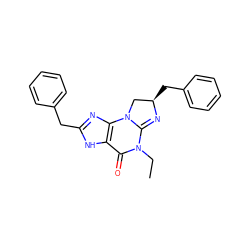 CCN1C(=O)c2[nH]c(Cc3ccccc3)nc2N2C[C@@H](Cc3ccccc3)N=C12 ZINC000028263405