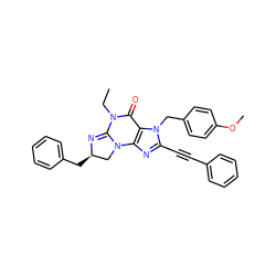 CCN1C(=O)c2c(nc(C#Cc3ccccc3)n2Cc2ccc(OC)cc2)N2C[C@@H](Cc3ccccc3)N=C12 ZINC000028524987