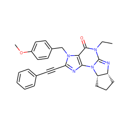 CCN1C(=O)c2c(nc(C#Cc3ccccc3)n2Cc2ccc(OC)cc2)N2C1=N[C@@H]1CCC[C@@H]12 ZINC000028756534