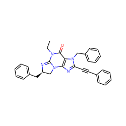 CCN1C(=O)c2c(nc(C#Cc3ccccc3)n2Cc2ccccc2)N2C[C@@H](Cc3ccccc3)N=C12 ZINC000028524043