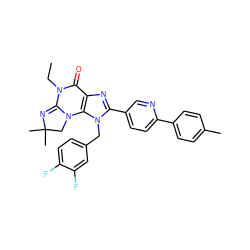 CCN1C(=O)c2nc(-c3ccc(-c4ccc(C)cc4)nc3)n(Cc3ccc(F)c(F)c3)c2N2CC(C)(C)N=C12 ZINC000073156731