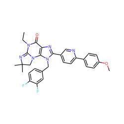 CCN1C(=O)c2nc(-c3ccc(-c4ccc(OC)cc4)nc3)n(Cc3ccc(F)c(F)c3)c2N2CC(C)(C)N=C12 ZINC000073158208