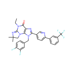 CCN1C(=O)c2nc(-c3ccc(-c4cccc(C(F)(F)F)c4)nc3)n(Cc3ccc(F)c(F)c3)c2N2CC(C)(C)N=C12 ZINC000073141824