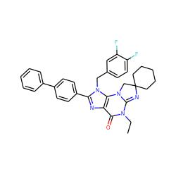 CCN1C(=O)c2nc(-c3ccc(-c4ccccc4)cc3)n(Cc3ccc(F)c(F)c3)c2N2CC3(CCCCC3)N=C12 ZINC000073161963