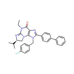 CCN1C(=O)c2nc(-c3ccc(-c4ccccc4)cc3)n(Cc3ccc(F)cc3)c2N2C[C@@H](C(C)C)N=C12 ZINC000073163965