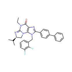 CCN1C(=O)c2nc(-c3ccc(-c4ccccc4)cc3)n(Cc3cccc(F)c3F)c2N2C[C@@H](C(C)C)N=C12 ZINC000073195982