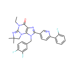 CCN1C(=O)c2nc(-c3ccc(-c4ccccc4F)nc3)n(Cc3ccc(F)c(F)c3)c2N2CC(C)(C)N=C12 ZINC000073158958