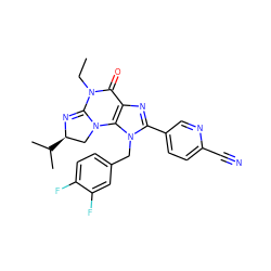 CCN1C(=O)c2nc(-c3ccc(C#N)nc3)n(Cc3ccc(F)c(F)c3)c2N2C[C@@H](C(C)C)N=C12 ZINC000071341639