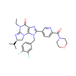 CCN1C(=O)c2nc(-c3ccc(C(=O)N4CCOCC4)nc3)n(Cc3ccc(F)c(F)c3)c2N2C[C@@H](C(C)C)N=C12 ZINC000071334625