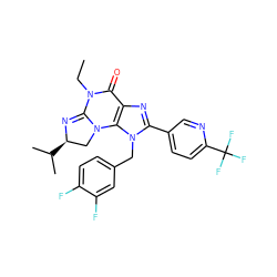 CCN1C(=O)c2nc(-c3ccc(C(F)(F)F)nc3)n(Cc3ccc(F)c(F)c3)c2N2C[C@@H](C(C)C)N=C12 ZINC000071334355