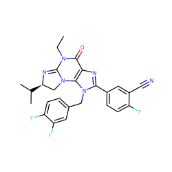 CCN1C(=O)c2nc(-c3ccc(F)c(C#N)c3)n(Cc3ccc(F)c(F)c3)c2N2C[C@@H](C(C)C)N=C12 ZINC000071340520