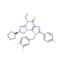 CCN1C(=O)c2nc(-c3ccc(F)cc3)n(Cc3ccc(F)c(F)c3)c2N2C[C@@H](C3CCCC3)N=C12 ZINC000071340365