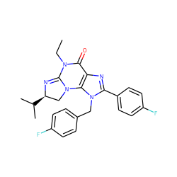 CCN1C(=O)c2nc(-c3ccc(F)cc3)n(Cc3ccc(F)cc3)c2N2C[C@@H](C(C)C)N=C12 ZINC000071340659