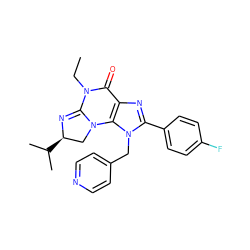 CCN1C(=O)c2nc(-c3ccc(F)cc3)n(Cc3ccncc3)c2N2C[C@@H](C(C)C)N=C12 ZINC000071334865