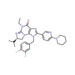 CCN1C(=O)c2nc(-c3ccc(N4CCCCC4)nc3)n(Cc3ccc(F)c(F)c3)c2N2C[C@@H](C(C)C)N=C12 ZINC000071331161