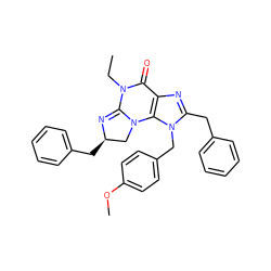 CCN1C(=O)c2nc(Cc3ccccc3)n(Cc3ccc(OC)cc3)c2N2C[C@@H](Cc3ccccc3)N=C12 ZINC000028523825