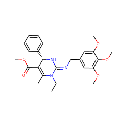 CCN1C(C)=C(C(=O)OC)[C@H](c2ccccc2)N/C1=N\Cc1cc(OC)c(OC)c(OC)c1 ZINC000036379141