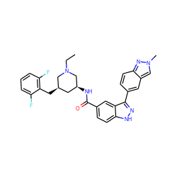 CCN1C[C@@H](NC(=O)c2ccc3[nH]nc(-c4ccc5nn(C)cc5c4)c3c2)C[C@@H](Cc2c(F)cccc2F)C1 ZINC000199802497