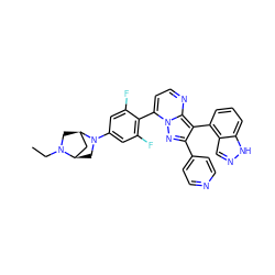 CCN1C[C@@H]2C[C@H]1CN2c1cc(F)c(-c2ccnc3c(-c4cccc5[nH]ncc45)c(-c4ccncc4)nn23)c(F)c1 ZINC000064448612