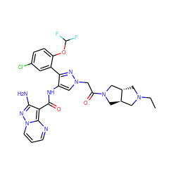 CCN1C[C@H]2CN(C(=O)Cn3cc(NC(=O)c4c(N)nn5cccnc45)c(-c4cc(Cl)ccc4OC(F)F)n3)C[C@@H]2C1 ZINC001772576442