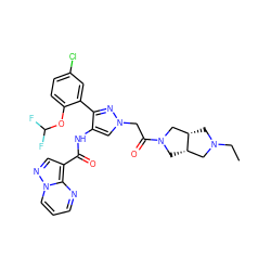 CCN1C[C@H]2CN(C(=O)Cn3cc(NC(=O)c4cnn5cccnc45)c(-c4cc(Cl)ccc4OC(F)F)n3)C[C@H]2C1 ZINC001772599069