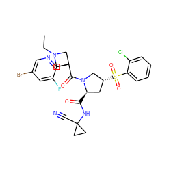 CCN1CC(C(=O)N2C[C@H](S(=O)(=O)c3ccccc3Cl)C[C@H]2C(=O)NC2(C#N)CC2)(c2ncc(Br)cc2F)C1 ZINC000169705922