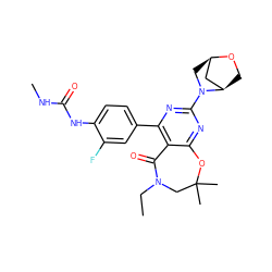 CCN1CC(C)(C)Oc2nc(N3C[C@@H]4C[C@H]3CO4)nc(-c3ccc(NC(=O)NC)c(F)c3)c2C1=O ZINC001772652862