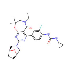 CCN1CC(C)(C)Oc2nc(N3C[C@@H]4CC[C@H](C3)O4)nc(-c3ccc(NC(=O)NC4CC4)c(F)c3)c2C1=O ZINC000205298216