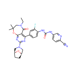 CCN1CC(C)(C)Oc2nc(N3C[C@@H]4CC[C@H](C3)O4)nc(-c3ccc(NC(=O)Nc4ccc(C#N)nc4)c(F)c3)c2C1=O ZINC000205330597