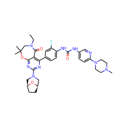 CCN1CC(C)(C)Oc2nc(N3C[C@@H]4CC[C@H](C3)O4)nc(-c3ccc(NC(=O)Nc4ccc(N5CCN(C)CC5)nc4)c(F)c3)c2C1=O ZINC000205311349