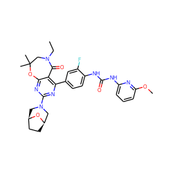 CCN1CC(C)(C)Oc2nc(N3C[C@@H]4CC[C@H](C3)O4)nc(-c3ccc(NC(=O)Nc4cccc(OC)n4)c(F)c3)c2C1=O ZINC000225303836