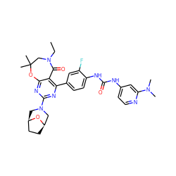 CCN1CC(C)(C)Oc2nc(N3C[C@@H]4CC[C@H](C3)O4)nc(-c3ccc(NC(=O)Nc4ccnc(N(C)C)c4)c(F)c3)c2C1=O ZINC000205355993