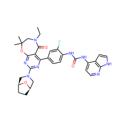 CCN1CC(C)(C)Oc2nc(N3C[C@@H]4CC[C@H](C3)O4)nc(-c3ccc(NC(=O)Nc4ccnc5[nH]ccc45)c(F)c3)c2C1=O ZINC000142199875