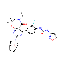 CCN1CC(C)(C)Oc2nc(N3C[C@@H]4CC[C@H](C3)O4)nc(-c3ccc(NC(=O)Nc4ccon4)c(F)c3)c2C1=O ZINC000205298267