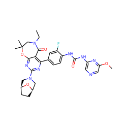 CCN1CC(C)(C)Oc2nc(N3C[C@@H]4CC[C@H](C3)O4)nc(-c3ccc(NC(=O)Nc4cncc(OC)n4)c(F)c3)c2C1=O ZINC000225328479