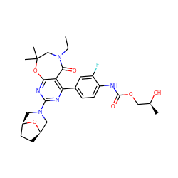 CCN1CC(C)(C)Oc2nc(N3C[C@@H]4CC[C@H](C3)O4)nc(-c3ccc(NC(=O)OC[C@H](C)O)c(F)c3)c2C1=O ZINC000142179800