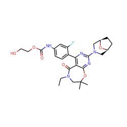 CCN1CC(C)(C)Oc2nc(N3C[C@@H]4CC[C@H](C3)O4)nc(-c3ccc(NC(=O)OCCO)cc3F)c2C1=O ZINC000225297516