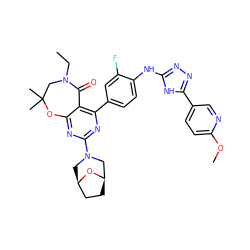 CCN1CC(C)(C)Oc2nc(N3C[C@@H]4CC[C@H](C3)O4)nc(-c3ccc(Nc4nnc(-c5ccc(OC)nc5)[nH]4)c(F)c3)c2C1=O ZINC000142199202