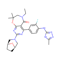 CCN1CC(C)(C)Oc2nc(N3C[C@@H]4CC[C@H](C3)O4)nc(-c3ccc(Nc4nnc(C)[nH]4)c(F)c3)c2C1=O ZINC000142187845