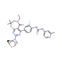 CCN1CC(C)(C)Oc2nc(N3C[C@H]4C[C@@]35C[C@@H]5O4)nc(-c3ccc(NC(=O)Nc4ccnc(C)c4)c(F)c3)c2C1=O ZINC001772573580