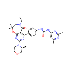 CCN1CC(C)(C)Oc2nc(N3CCOC[C@@H]3C)nc(-c3ccc(NC(=O)Nc4cc(C)nc(C)n4)cc3)c2C1=O ZINC000142182868