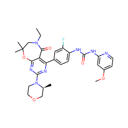 CCN1CC(C)(C)Oc2nc(N3CCOC[C@@H]3C)nc(-c3ccc(NC(=O)Nc4cc(OC)ccn4)c(F)c3)c2C1=O ZINC000142189566