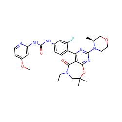 CCN1CC(C)(C)Oc2nc(N3CCOC[C@@H]3C)nc(-c3ccc(NC(=O)Nc4cc(OC)ccn4)cc3F)c2C1=O ZINC000225330096